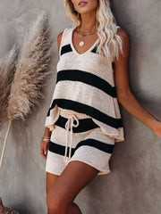 Chic striped knit two-piece set with v-neck tank and drawstring shorts in beige and black.