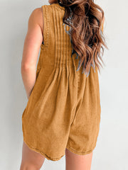 Caramel denim playsuit with pleated back and A-line shorts.
