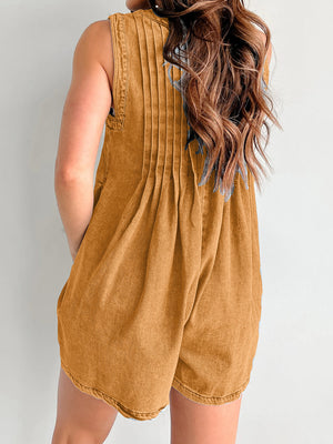 Caramel denim playsuit with pleated back and A-line shorts.