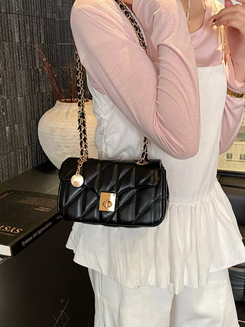 Quilted Chain Shoulder Bag in Black, close-up detail