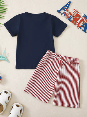 Navy short sleeve tee and red striped shorts set for babies.