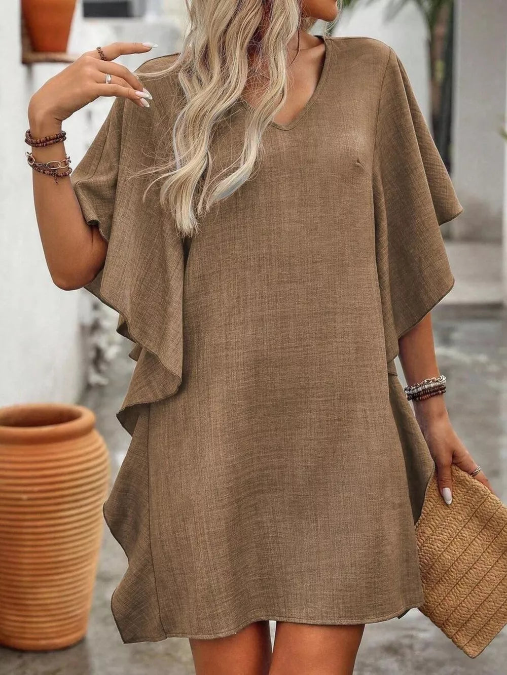 Khaki mini dress with V-neck and ruffled sleeves, casual style