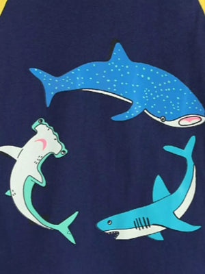 Navy cotton toddler t-shirt with whimsical shark graphics.