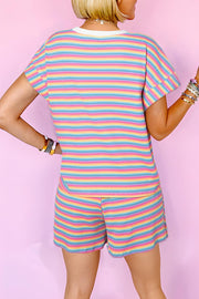 Rainbow striped ribbed cotton lounge set with short sleeves and shorts.