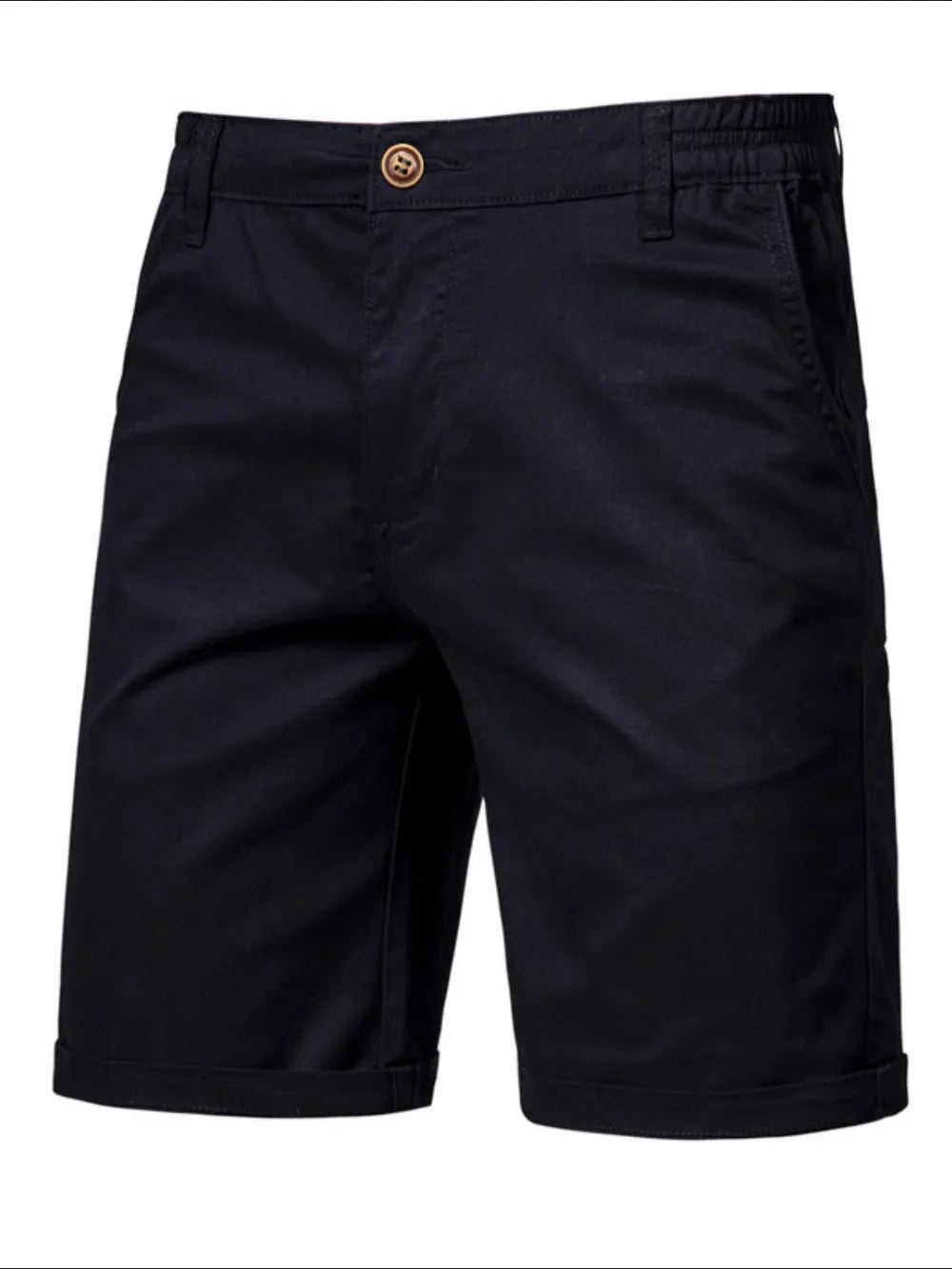 Navy chino shorts with elastic waist and cuffed hem