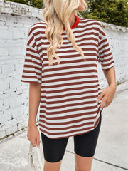 Brown and white striped relaxed tee with contrast red neckline and short sleeves.