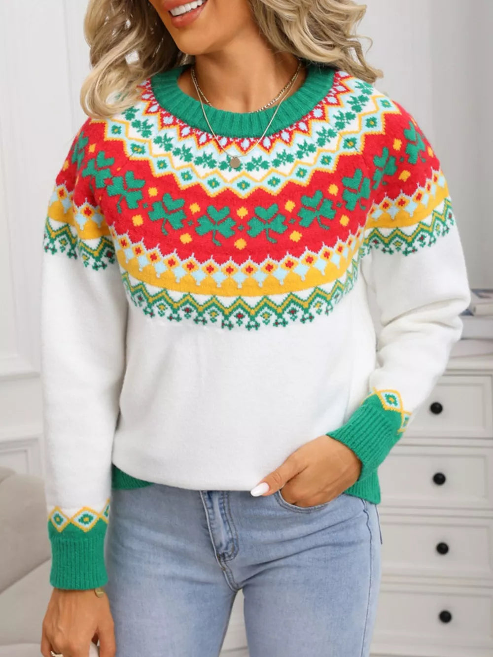 White knit sweater with charming clover fair isle pattern, crew neck, long sleeves.