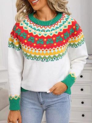 White knit sweater with charming clover fair isle pattern, crew neck, long sleeves.