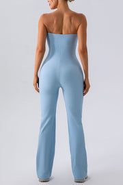 Light blue ribbed bandeau flare leg jumpsuit with a form-fitting silhouette.
