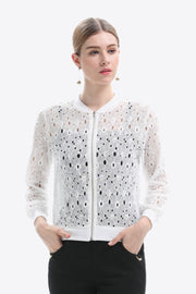 White lace-cut bomber jacket with a zip front and ribbed cuffs.