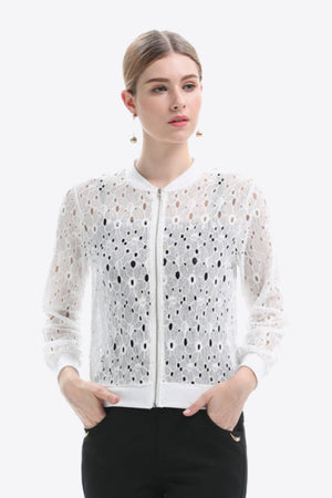 White lace-cut bomber jacket with a zip front and ribbed cuffs.