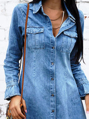 Denim button-front dress with chest pockets, collar, and flared cuffs.
