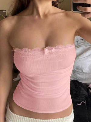 Ribbed knit bandeau top in blush pink with lace trim and a bow detail