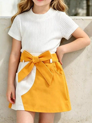 Baby knit top and yellow skirt set with bow detail