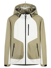 Khaki and white waterproof hooded jacket with adjustable drawstrings and zippered pockets.