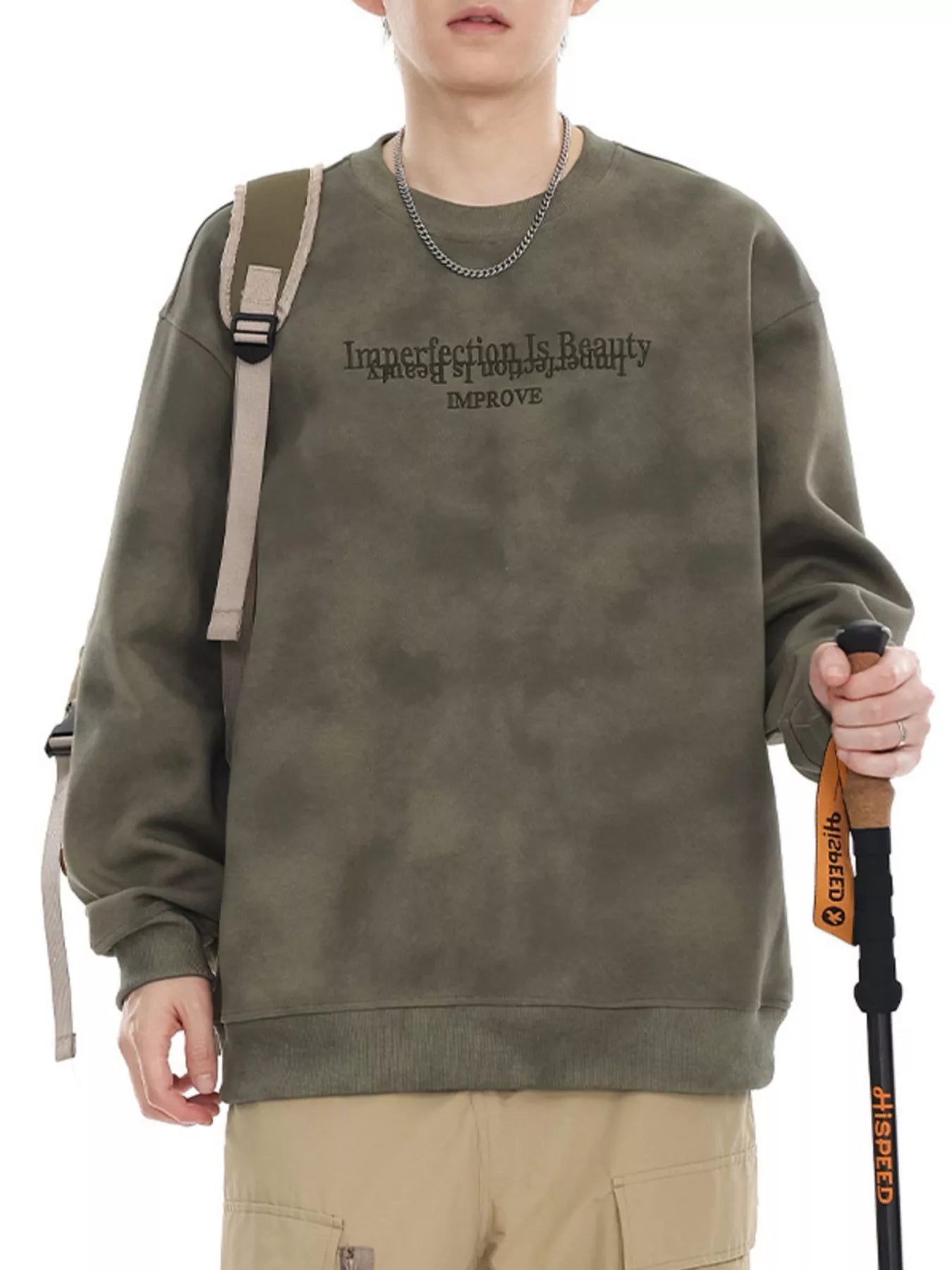 Oversized Army Green sweatshirt with "Imperfection Is Beauty IMPROVE" graphic, crewneck, and tie-dye wash.