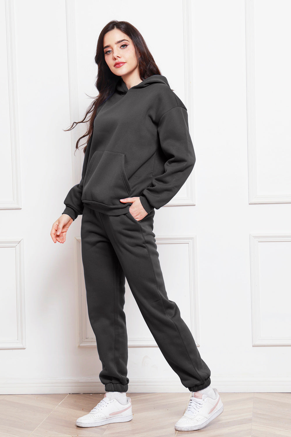 Dark Gray relaxed fit hoodie with front pocket and matching joggers.