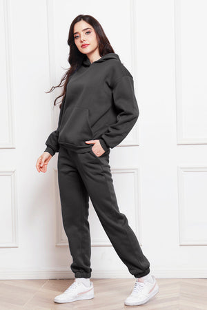 Dark Gray relaxed fit hoodie with front pocket and matching joggers.
