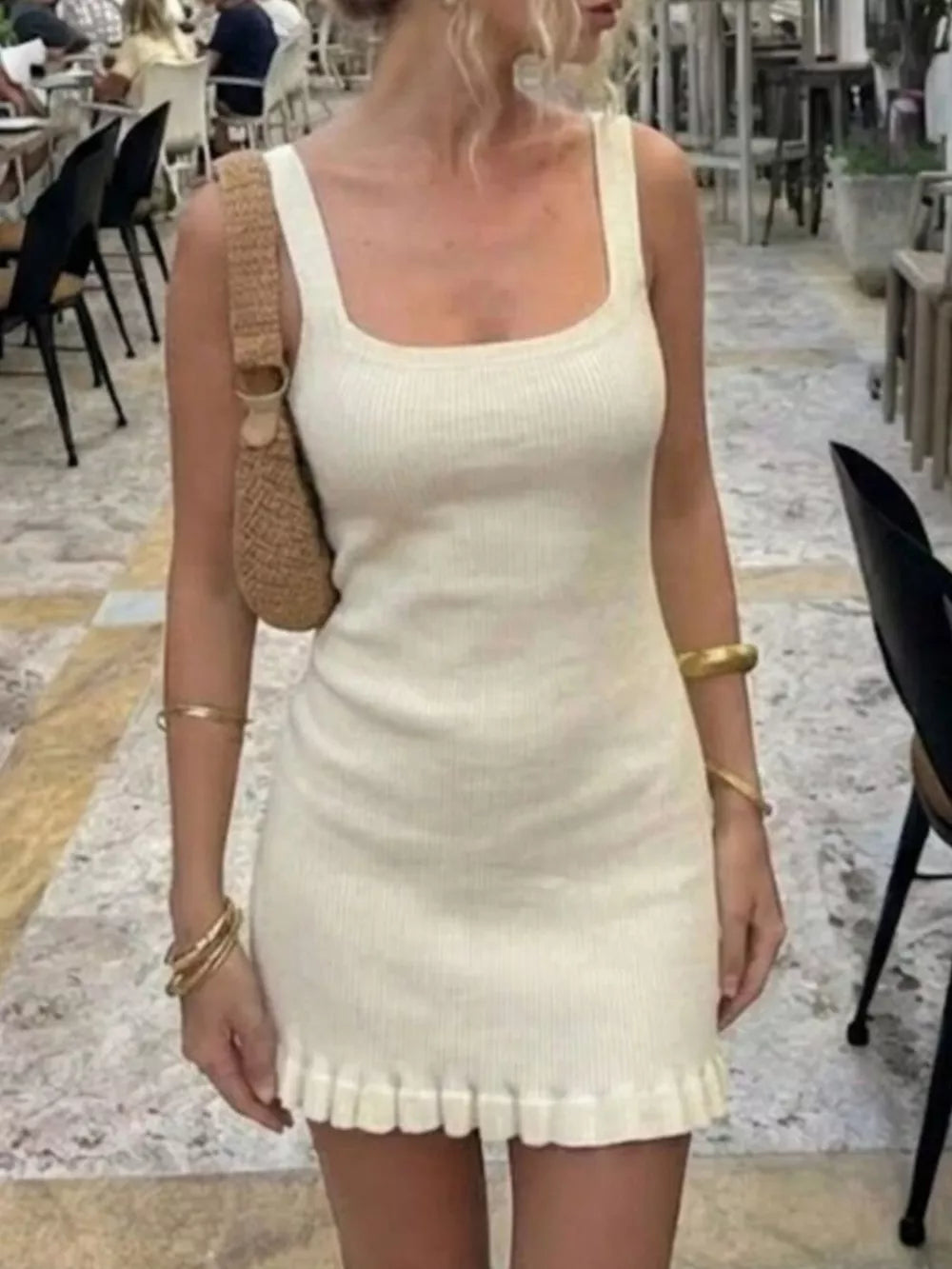 Ribbed Knit Square Neck Sweater Dress in Apricot, close-up detail