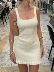 Ribbed Knit Square Neck Sweater Dress in Apricot, close-up detail