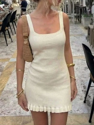 Ribbed Knit Square Neck Sweater Dress in Apricot, close-up detail