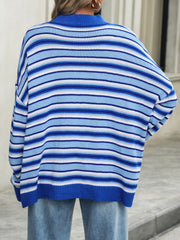 Azure Horizon oversized knit sweater in Royal Blue with horizontal stripes and a mock neck.