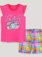Toddler girls' pink cotton blend set with camera graphic tee and plaid shorts