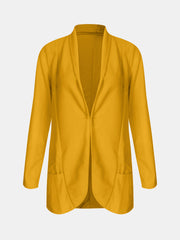Gold open-front blazer with rolled sleeves and two front pockets