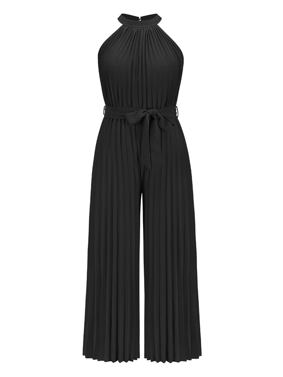 Black halter neck pleated palazzo jumpsuit with tie waist