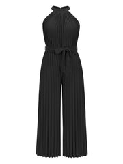 Black halter neck pleated palazzo jumpsuit with tie waist
