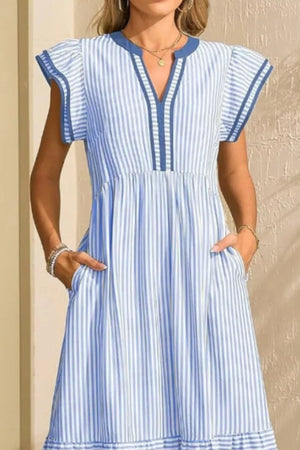 Light blue striped midi dress with ruffle sleeves, V-neck, and pockets.