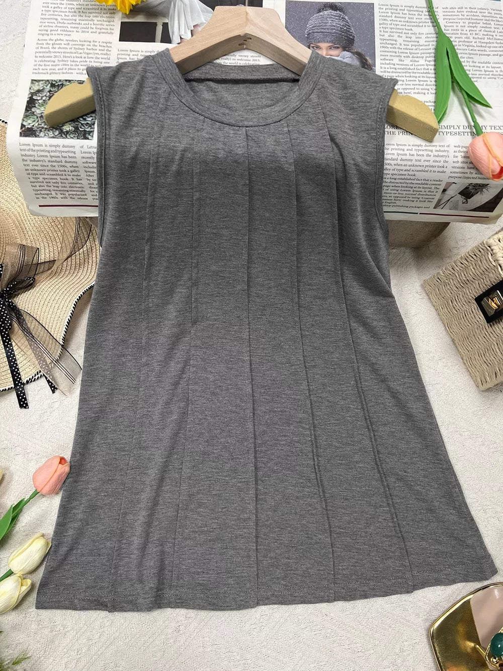 Dark gray textured pleated sleeveless tank top with a round neckline.
