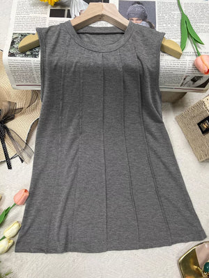 Dark gray textured pleated sleeveless tank top with a round neckline.