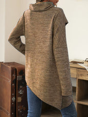Coffee brown knit asymmetric sweater with cowl neck and long sleeves.
