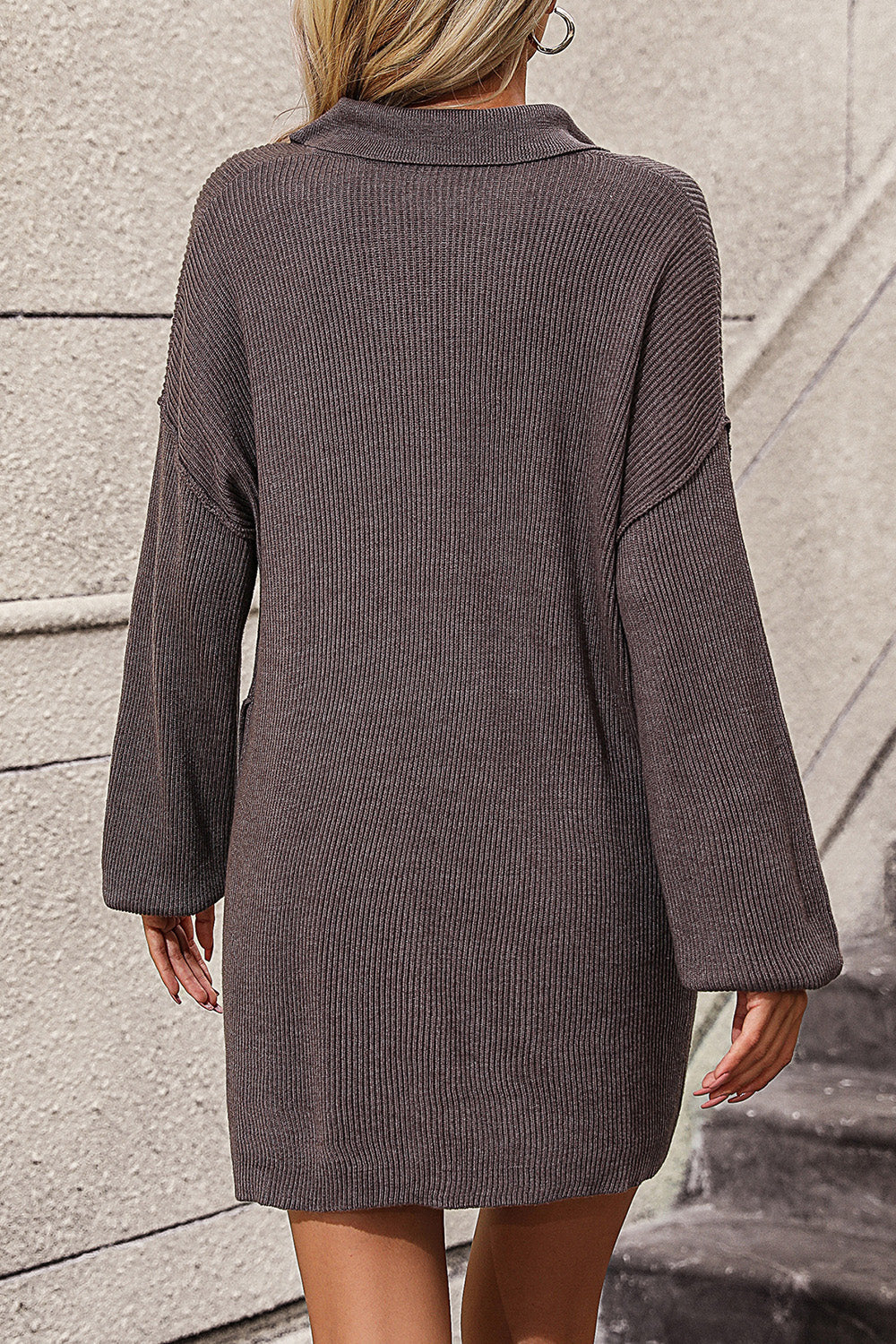 Ribbed knit polo dress in chocolate with long sleeves and pockets.