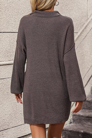 Ribbed knit polo dress in chocolate with long sleeves and pockets.