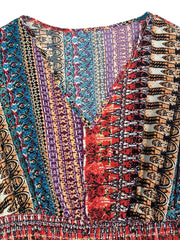 Bohemian maxi dress with colorful patchwork print and V-neckline