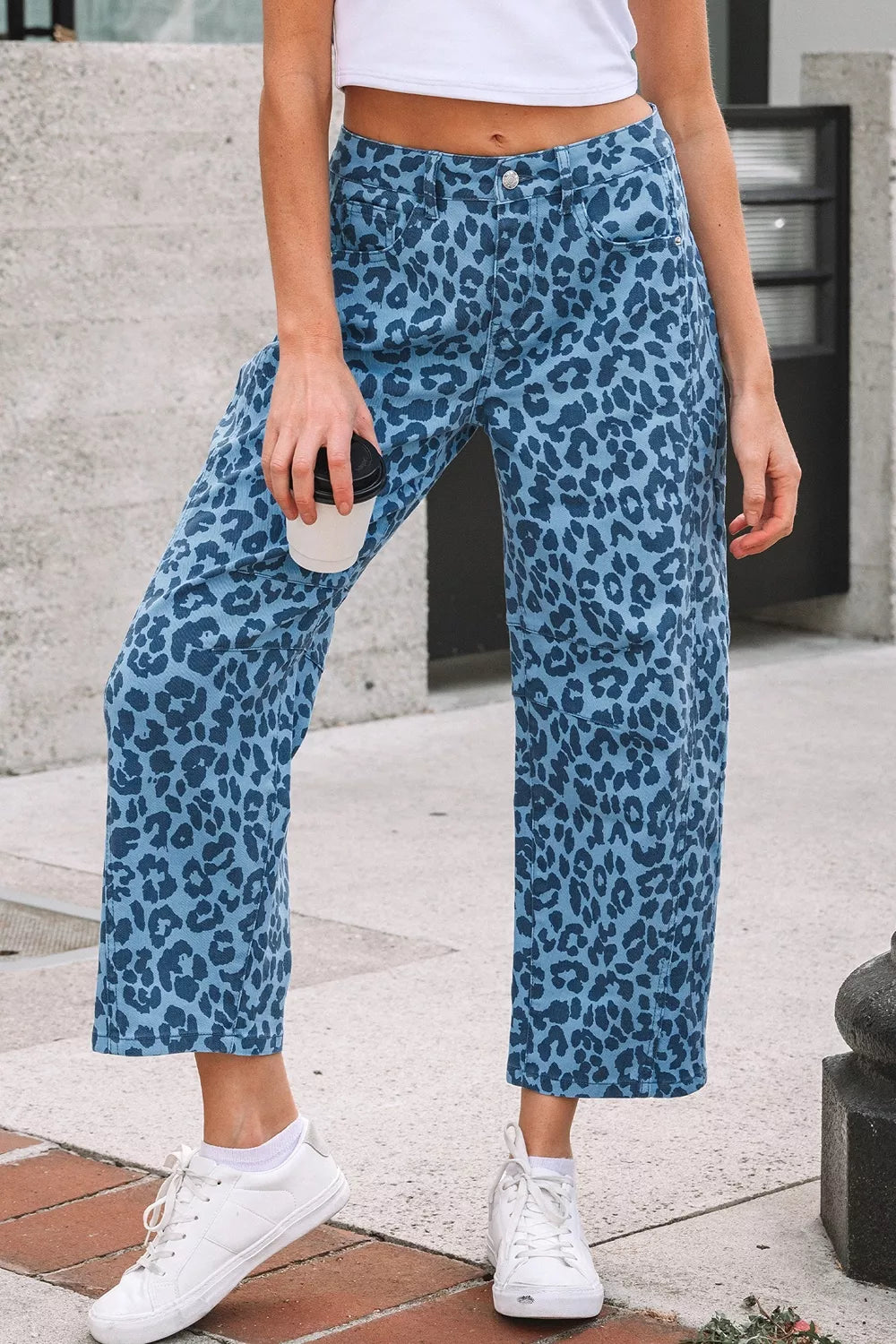 Leopard Print Barrel Leg Jeans, front view