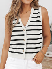 Sleeveless knit top in white with black Breton stripes, V-neck, and gold button front.