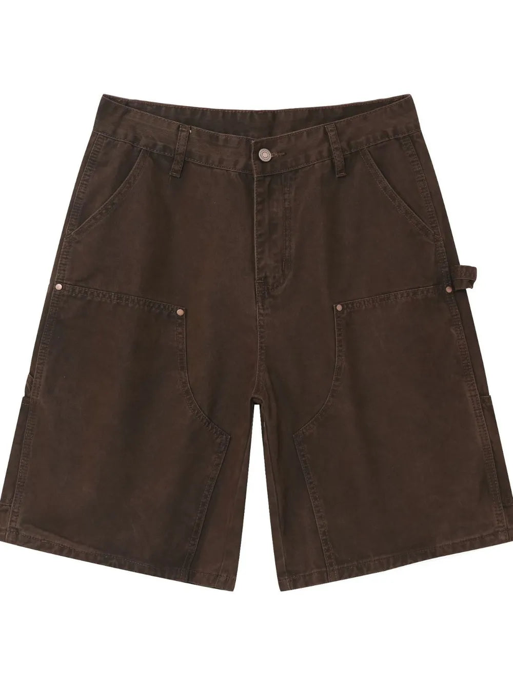 Dark Brown denim carpenter shorts with button closure and utility pockets.