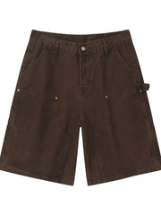 Dark Brown denim carpenter shorts with button closure and utility pockets.