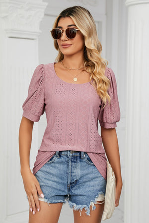 Pink eyelet puff sleeve scoop neck blouse with allover geometric pattern