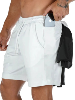 White Tech-Knit utility shorts with phone pocket and black mesh detail.