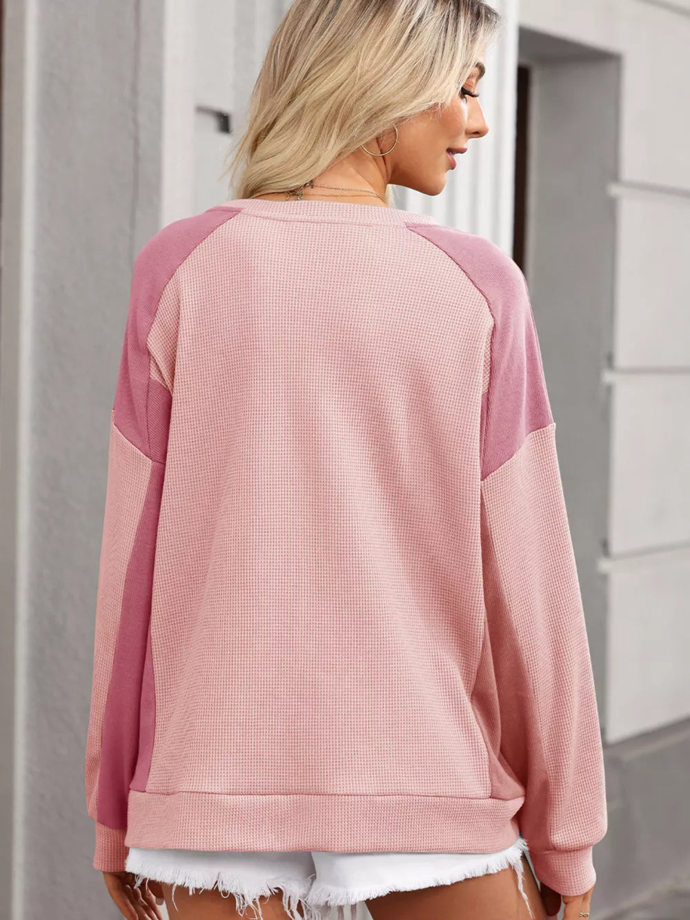 Color Block Waffle High Low Raglan Sweatshirt in Blush Pink, side view