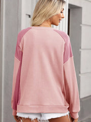 Color Block Waffle High Low Raglan Sweatshirt in Blush Pink, side view