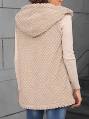 Textured sherpa hooded longline gilet in Dust Storm, showing back view and cozy material.