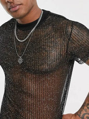 Black glitter mesh mock neck tee with vertical stripes and short sleeves.