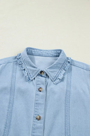 Light blue denim shift dress with ruffled collar and button front detail.