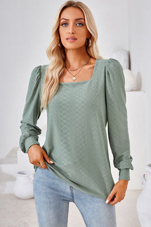 Sage diamond-textured puff sleeve blouse with square neckline