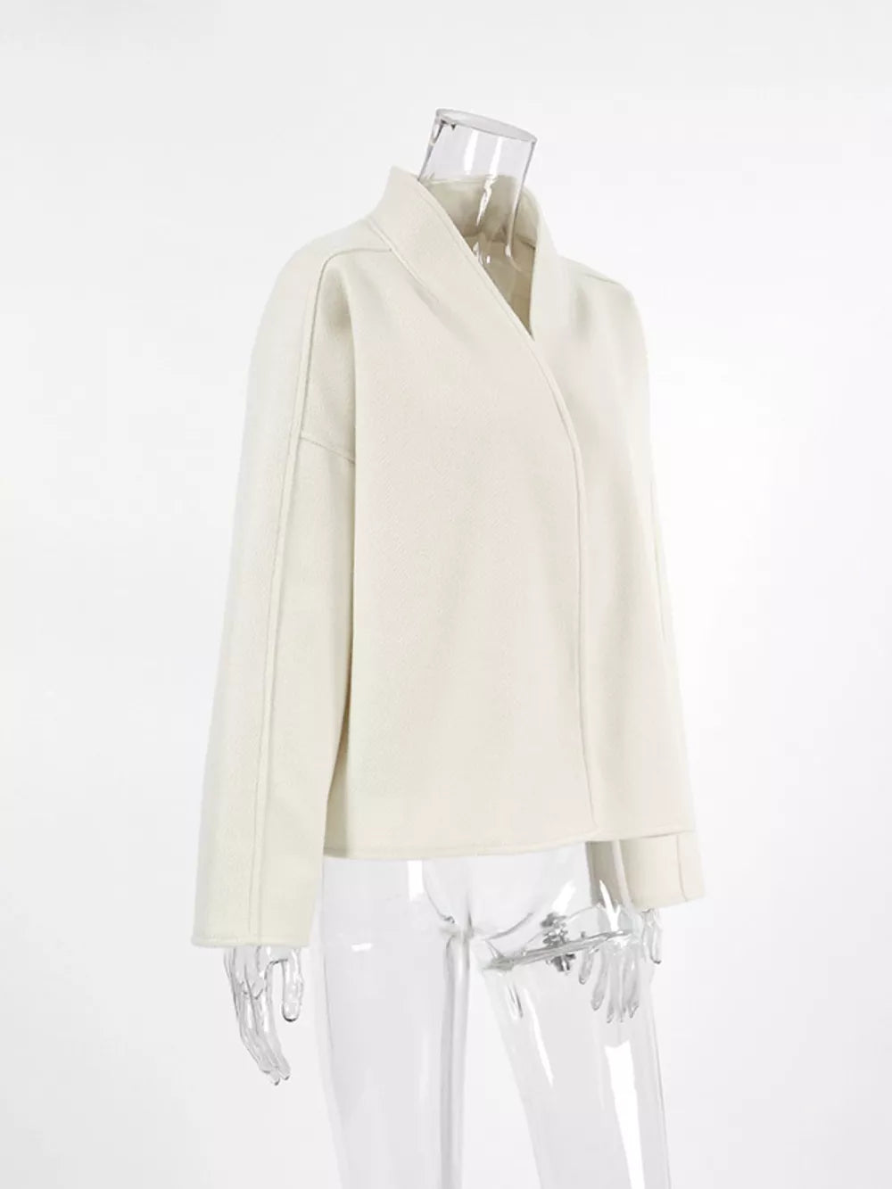 Elegant Stand Collar Open Front Outerwear in White, alternate angle